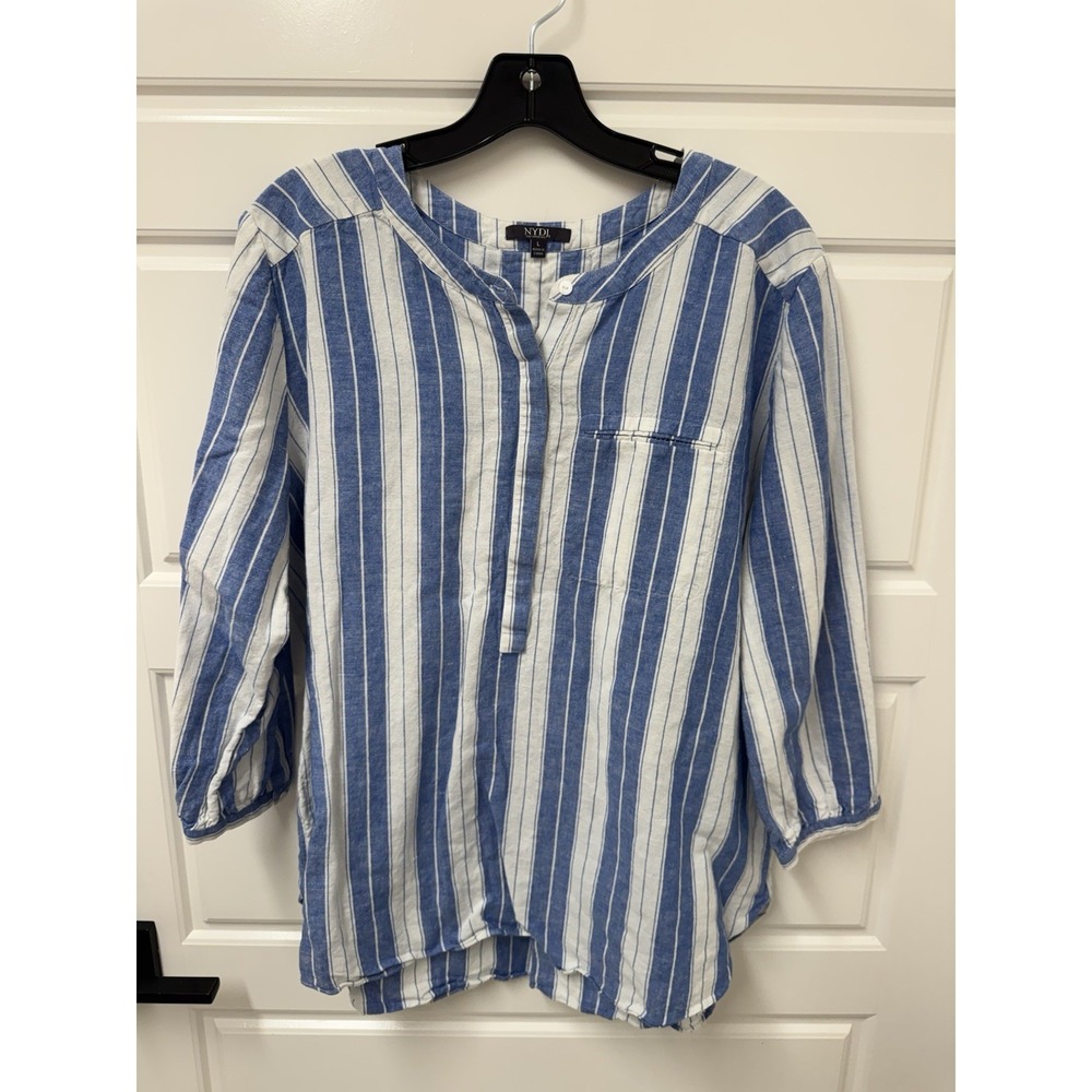 NYDJ Women Large Blue White Stripe Linen Cotton Tunic Blouse Top